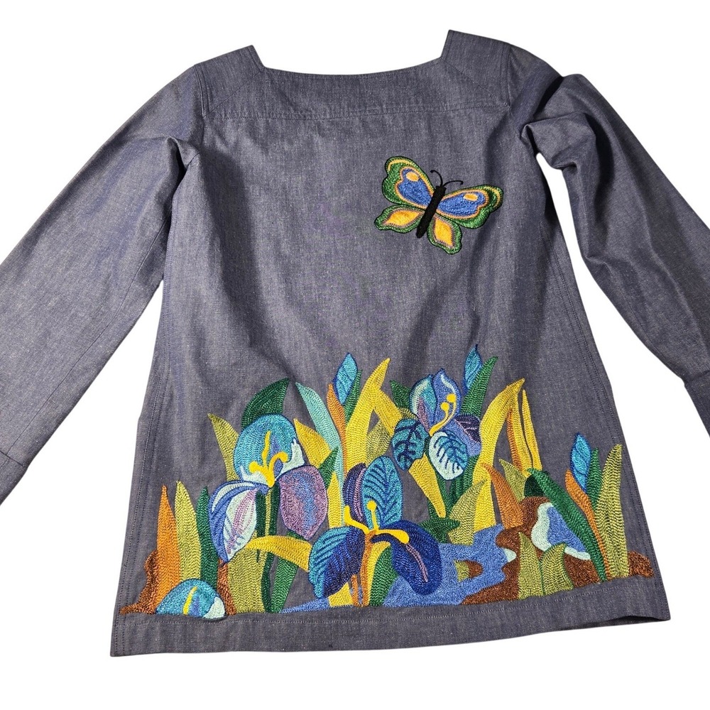 Embroidered Floral Butterfly Chambray Tunic Top Blue Long Sleeve Square Neck - Picture 2 of 9